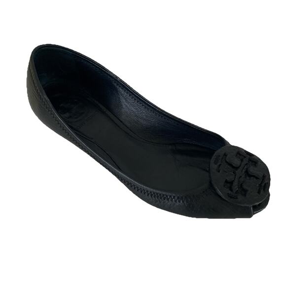 Tory Burch Kitty Tumbled Leather Black Wedge Pump Peep Toe Slip On Tonal Logo 6 - Picture 1 of 9